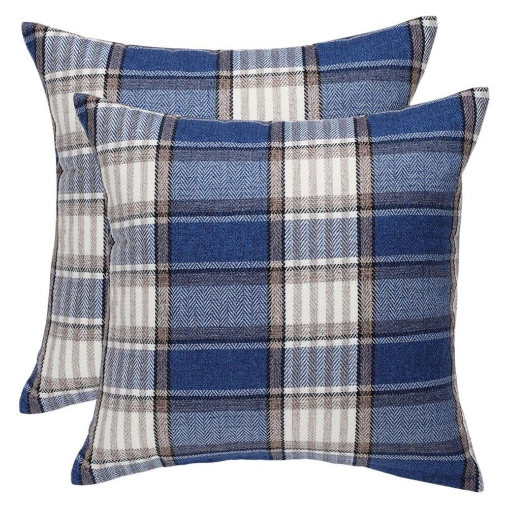 2pcs Check Throw Pillow Covers Farmhouse Square Pillow Covers Decor Navy Blue